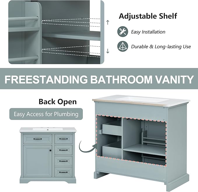 Christopher Knight Home 36" Bathroom Vanity with Ceramic Sink, Wooden Bathroom Vanity Organizer, Bathroom Storage Cabinet, Pedestal Sink Storage Cabinet, Adjustable Door Shelves+Drawer, Green Grey