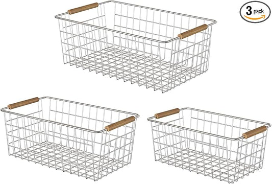 3 Pack Wire Storage Baskets for Organizing,Household Pantry Storage Freezer Baskets with Wooden Handles,Metal Storage Baskets for Bathroom, Laundry, Garage，Sliver
