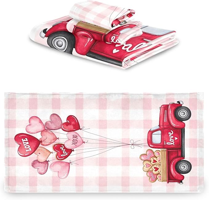 Pink Heart Truck Plaid Towels Set of 3 Romantic Love Car with Ballon Spring Bathroom Towel Soft Absorbent Bath Hand Towels Washcloth Guest Towel Sets Mother's ValentineDecorations