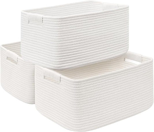 3 Pack Large Storage Basket for Organizing, 17.5"x13"x7" Woven Basket for Shelves, Closet Cube Storage Bins with Wrapped Handle, Cotton Rope Baskets for Kitchen, Clothes, Toys(Off White)