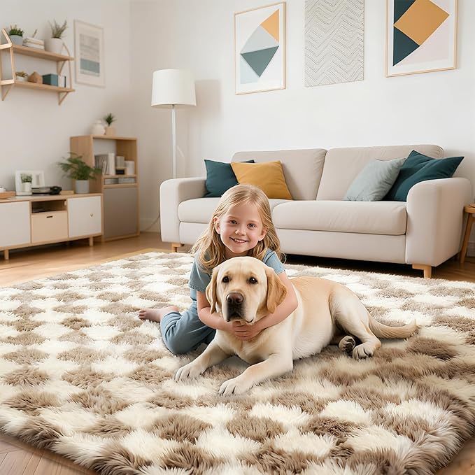 Checkered Rug for Living Room, 9x12 Beige and White Area Rugs, Classic Checkered Carpets Shaggy Area Rug, Bedside Rugs for Living Room Bedroom Kids Room Home Decor