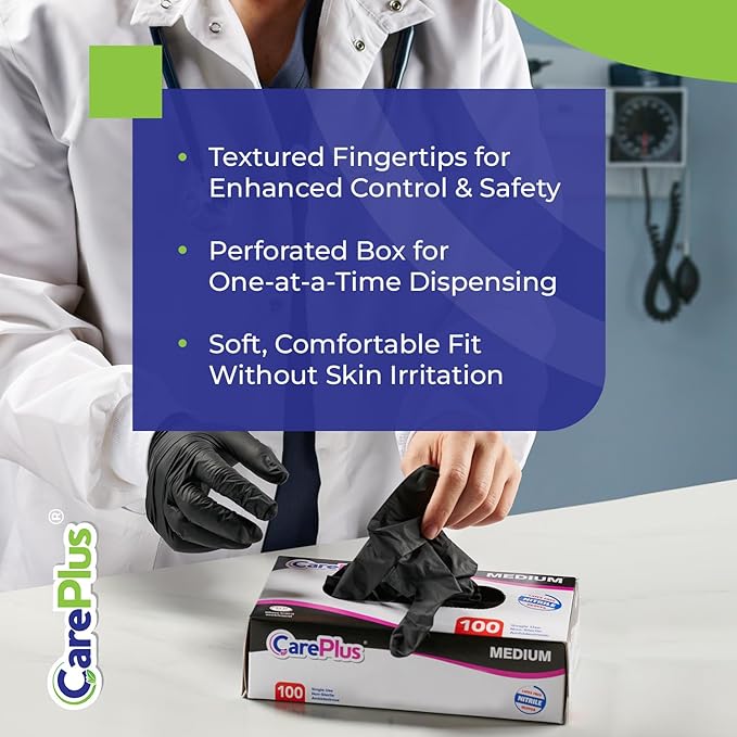 CARE PLUS Nitrile Gloves for Medical Use - Powder & Latex-Free - Black/Blue - S, M, L, XL - 100, 200, 1000