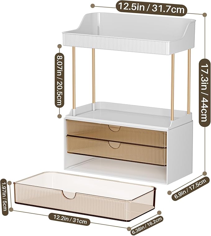 2 Pack Bathroom Organizers and Storage - 3 Drawers 2 Tier Makeup Organizer, Cosmetic Storage Drawer for Dresser Countertop and Bathroom Vanity for Large Skincare, Perfume, Amber