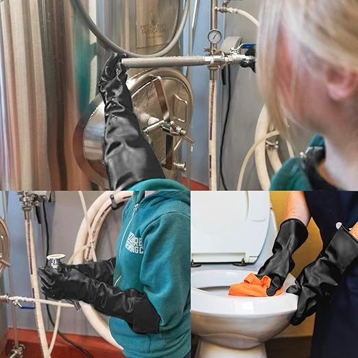 Long Rubber Work Gloves, 3 Pairs Chemical Resistant Gloves Waterproof, 22 Inch Heavy Duty Thick Black Latex Gloves for Cleaning Dishwashing Industry Gardening, Extra X Large