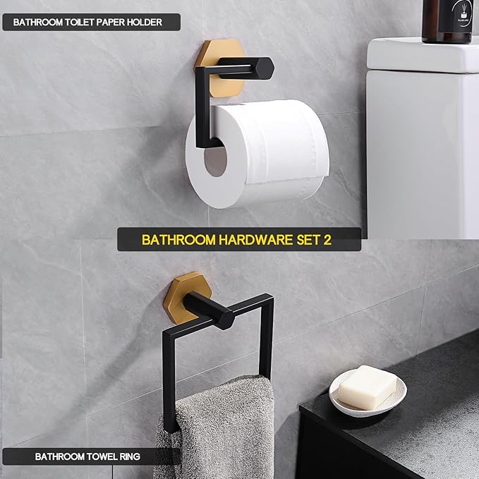 GERZWY Bathroom Hardware Accessories Sets 2-Pieces Stainless Steel - Toilet Paper Holder Towel Ring (Black & Gold)
