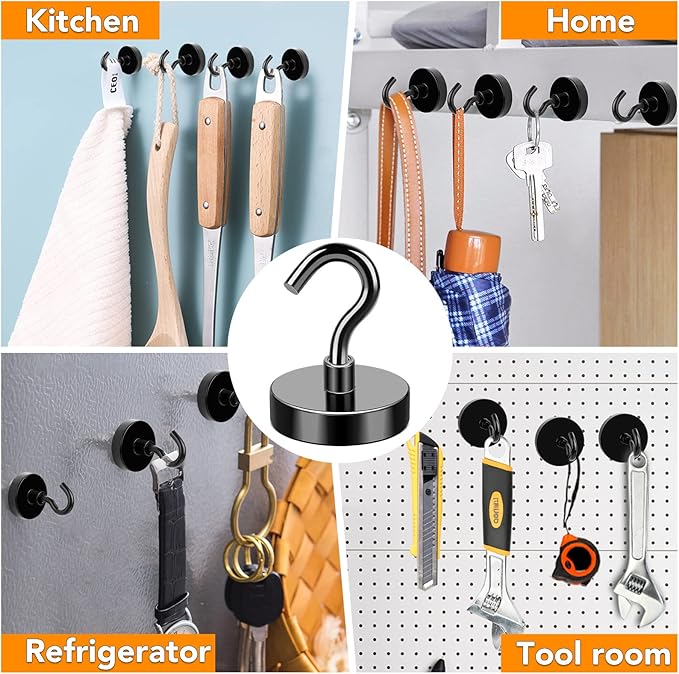 MIKEDE Magnetic Hooks, 85LB Heavy Duty Earth Magnetic with Hooks for Cruise Cabin, Black Strong Cruise Magnetic Hook for Hanging Grill, Fridge, Kitchen - Pack of 4