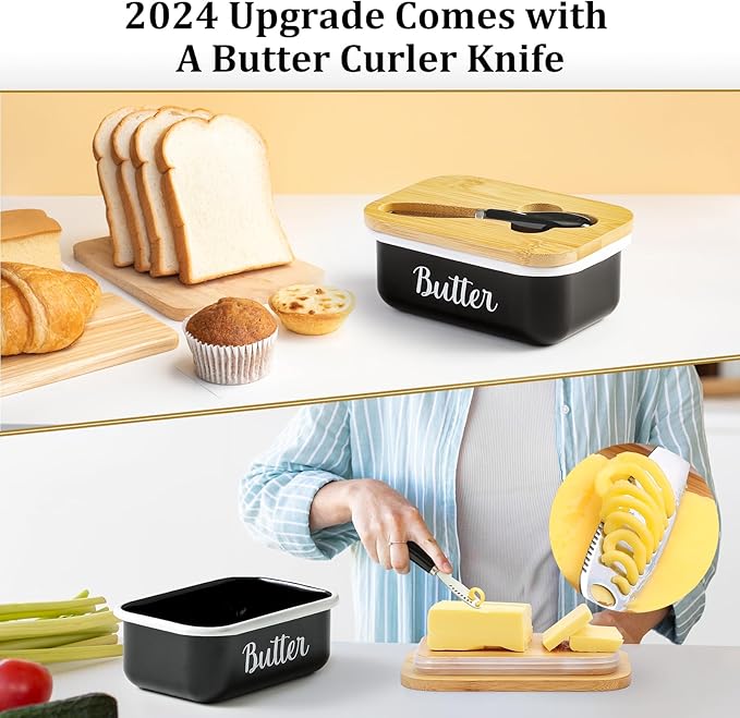 Butter Dish with Lid and Butter Curler Knife for Countertop - Unbreakable Metal Keeper Container with High-quality Double Silicone Sealing, for Kitchen Farmhouse Decor, Black