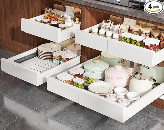 4 Pack Pull Out Cabinet Organizer Expandable Width(13"-21") and Depth(17"-24"),Slide Out Drawers With Raising Pad for Framed Cabinets,No Drill Roll Out Shelves for kitchen,Bathroom,White