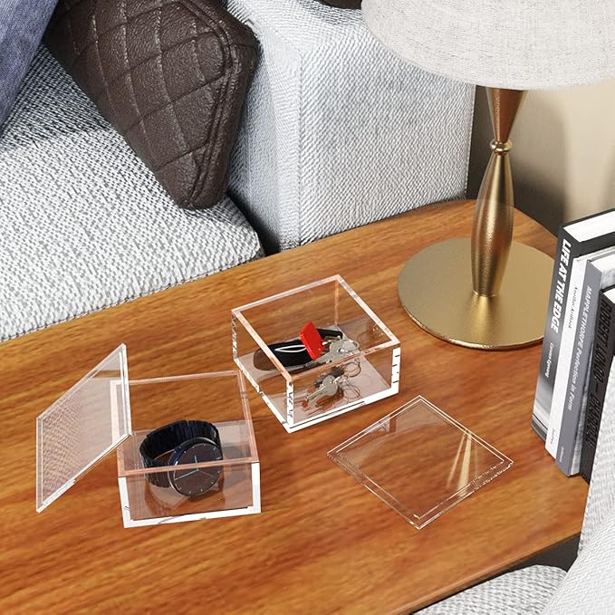NIUBEE Acrylic Storage Box with Lids, 4‘’ Clear Mult-Purpose Box Square Stackable for Office, Home, Mini Cube Containers for Jewelry,Staples, Mini Toys