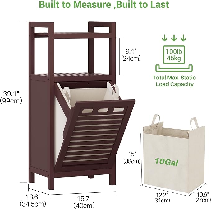 Homykic Tilt Out Laundry Hamper, 10 Gal Bamboo Laundry Storage Cabinet with Removable Basket, Hidden Hamper Organizer with Shelf for Dirty Clothes, Bathroom, Laundry Room, Space Saving, Espresso