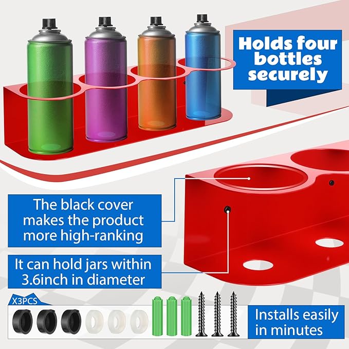 2 Pcs All Purpose Steel Spray Bottle Holder Heavy Duty Can Holder Rack Organizer Easy Install Wall Mount Paint Spray Bottle Organizer Storage Rack for Garage Home Workspace(Red,4 Holes)