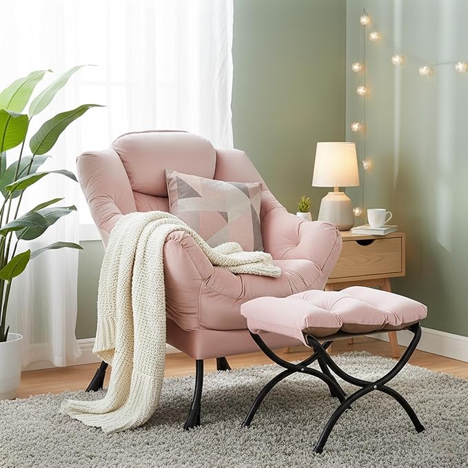 Welnow Lazy Chair with Ottoman, Modern Lounge Accent Chair with Armrests and a Side Pocket, Leisure Sofa Armchair, Reading Armchair with Footrest for Small Space, Pink