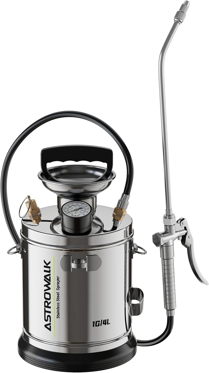 Pump Sprayer 1 Gallon, Stainless Steel Chemical Sprayer with 20" Wand & 4FT Reinforced Hose for Weed Killer, Lawn, Disinfection & Concrete, Includes Viton Seals and Gloves