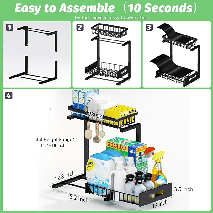 ADBIU Under Sink Organizer(10 Seconds Installation), 2 Packs 2 Tier Expandable Height (11" - 16") Bathroom Kitchen Organizers And Storage