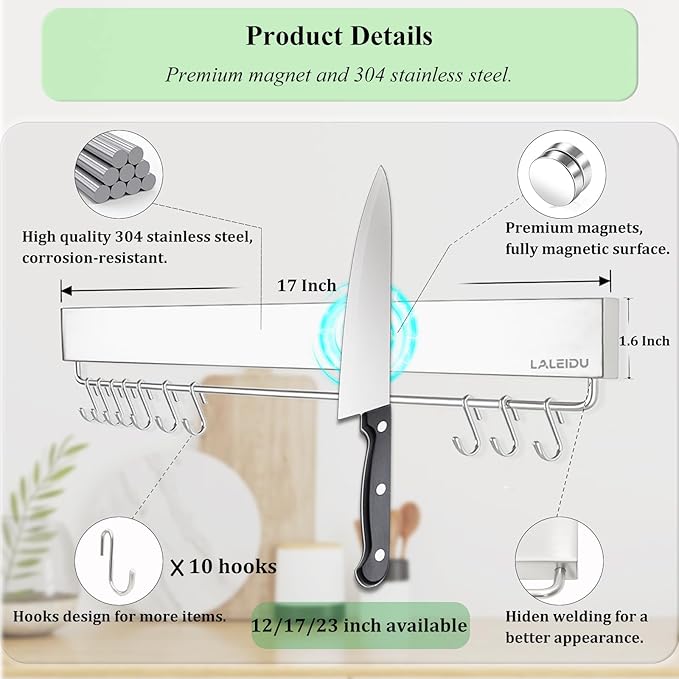 Magnetic Knife Holder for wall, 17 Inch Knife Magnetic Strip with 10 Hooks, Stainless Steel Knife Holder Magnet Rack for Kitchen Organizer, Mount with Adhesive or Screws