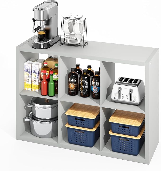 Furinno HERMITE Kitchen Island, 6-Cube Coffee Bar, Kitchen Storage, Bakers Rack, for Pantry Organizers and Storage, Kitchen Organization, Light Grey