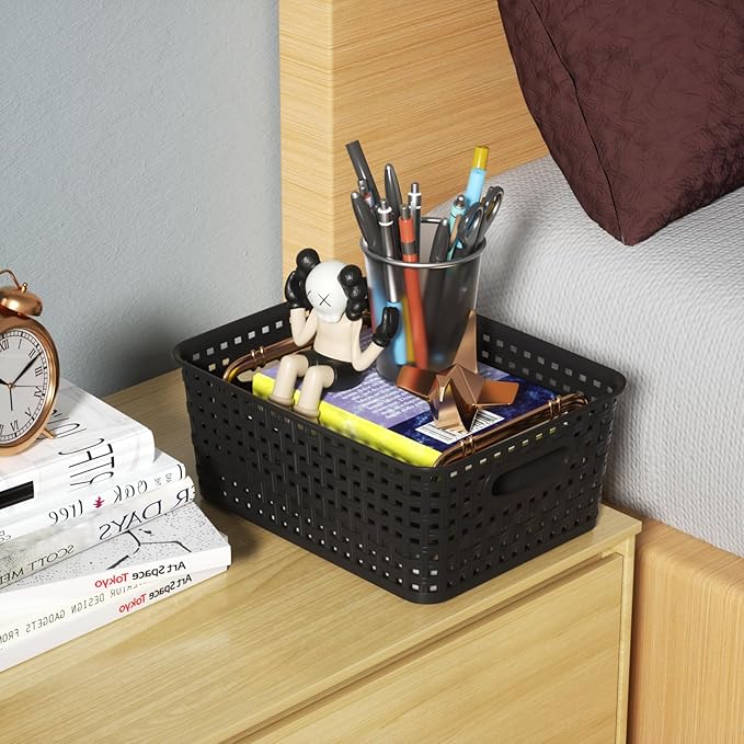 Plastic Weave Storage Bins with Lids, Plastic Organizing Baskets with Lid, Black, 6 Packs
