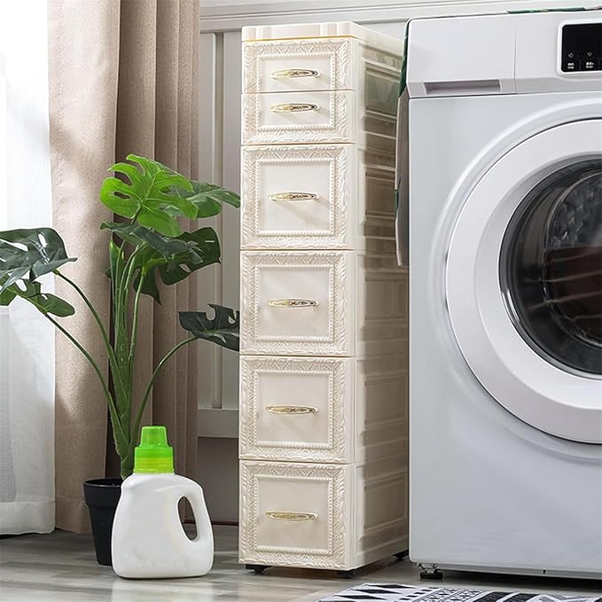 6 Drawers Narrow Plastic Bathroom Storage Cabinet with Wheels Slim Storage Organizer Vertical Storage Tower Container for Small Spaces, Bedroom, Bathroom, Laundry, Closet, White
