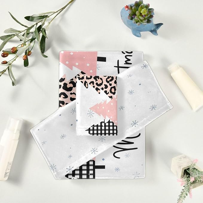 Plaid Pink Christmas Tree Towels Set of 3 Winter Forest Leopard Tree Grey Snowflakes Bathroom Towel Soft Absorbent Bath Hand Towels Washcloth Guest Towel Sets Xmas Holiday Decor