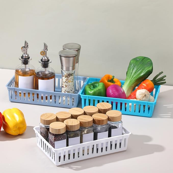 Wenqik Set of 12 Small Plastic Baskets for Organizing 10.24 x 6.5 x 2.36 Inch Pharmacy Baskets Rectangular Trays Plastic Organizer for Office Pharmacy Dorm Kitchens, Closets Shelves(Multi Color)