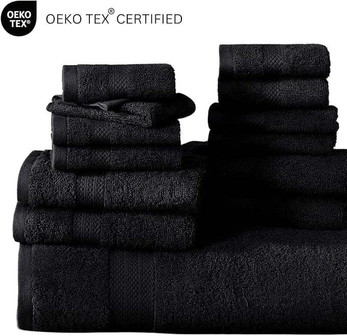 LANE LINEN 100% Cotton Black Towel Set for Bathroom - 18 Piece - Super Soft, Hotel Quality - 4 Bath, 8 Wash Cloths, 6 Hand Towels for Bathroom - Classic, Gentle on Skin, Ideal for Spa & Daily Use