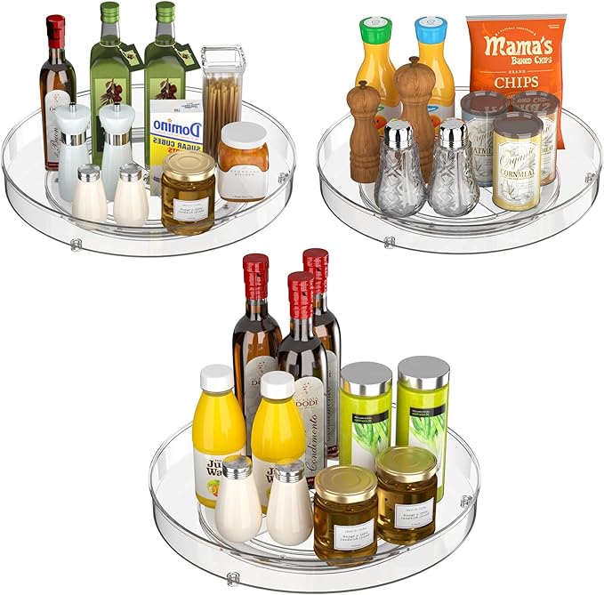 Slideep Lazy Susan Spice Rack, Round Plastic Clear Rotating Turntable Organization, Spinning Organizer Spices Condiments Container Bins for Kitchen, Cabinet, Pantry, Fridge, 10.6" Clear - 3 Pack