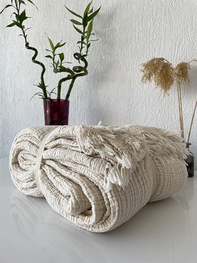 100% Muslin Cotton Pillow Shams, 4 Layers Soft Turkish Cotton Pillowcases, Pillowcase ONLY – No Blanket or Bedspread Included, Ivory (Two Pillowcase 20x30)