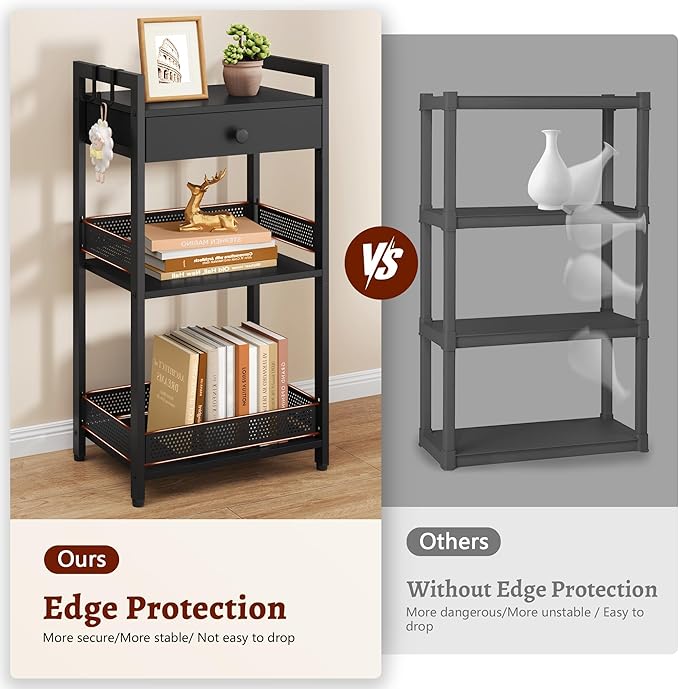 FAVOOSTY Bathroom Ladder Shelf, 3-Tier Bathroom Floor Storage Shelf with Drawer, Freestanding Towel Shelf, Bookcase End Table Open Shelving Unit for Living Room,Balcony, Black