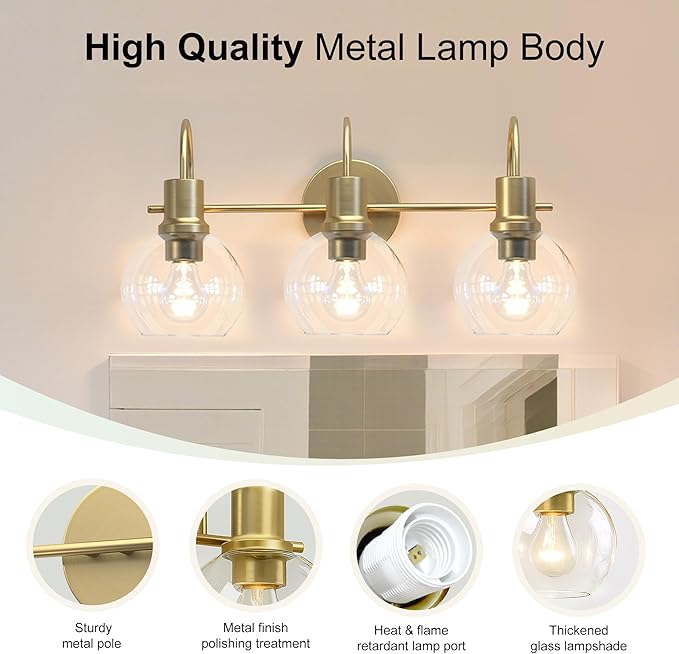 Bathroom Light Fixtures,Gold Vanity Light 3 Light Wall Sconces, Brushed Brass Lighting with Clear Glass Shades, Wall Mounted Mirror Lights for Kitchen, Bedroom, Hallway