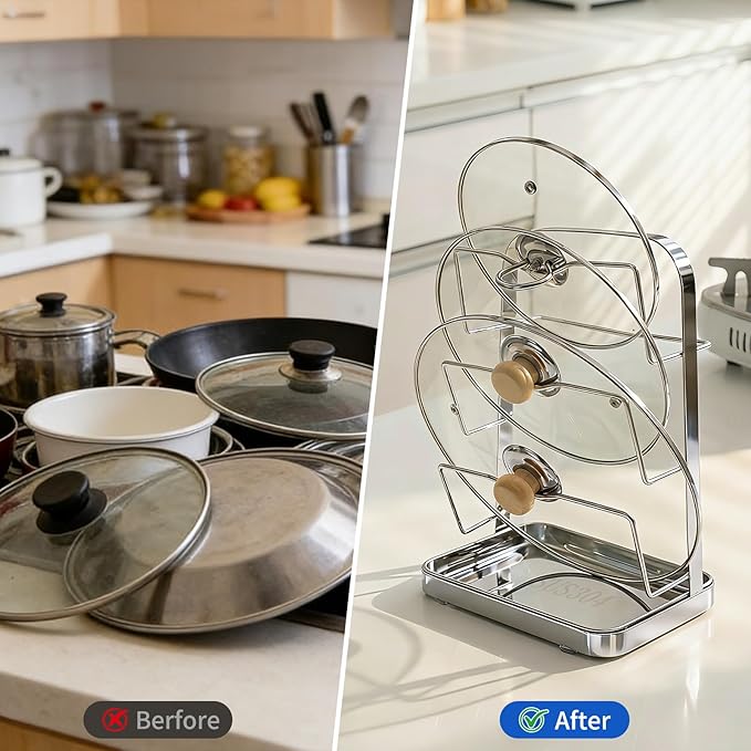 Pot Lid Holder While Cooking, 3 Tier 304 Stainless Steel Pot Lid Organizer with Drip Tray, Kitchen Storage Rack for Stove Top & Countertop, Heavy Duty Lid Holder for Pots and Pans, Silver