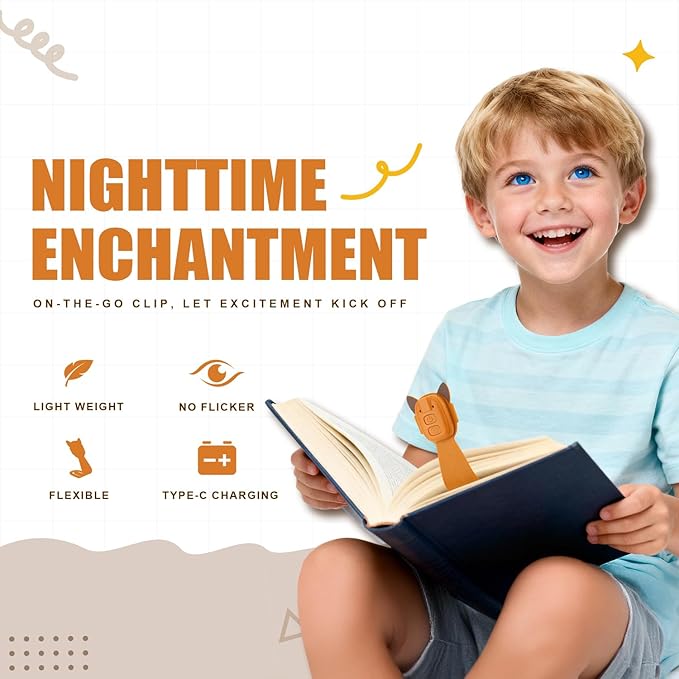 Rechargeable Kids Book Light, Cute Bookmark Reading Light for Kids, Dimmable Portable LED Book Light for Reading in Bed, Eye-Caring Bedtime Reading Lamp for Children & Travel, Brown