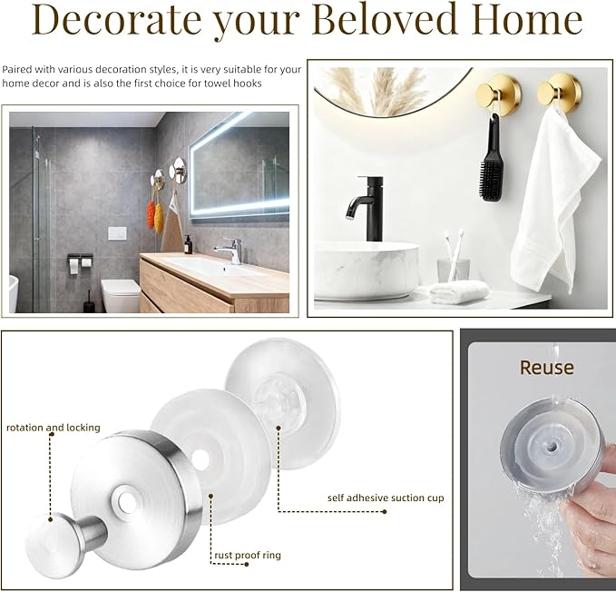 Suction Cup Hooks Removable Shower Hooks, 4Pcs Metal Towel Hooks for Bathroom Window Glass Wall Door Can Hang Various Towels Bath Towels Keychains, Black Front Door Wreath Hangers, No-Drill Waterproof