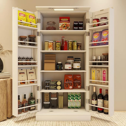 Kitchen Pantry Storage Cabinet w/LED, 50" Pantry Cabinets w/Doors and Adjustable Shelves, Freestanding Pantry Cupboard for Kitchen, Dinning Room, Living Room, Small Place, White