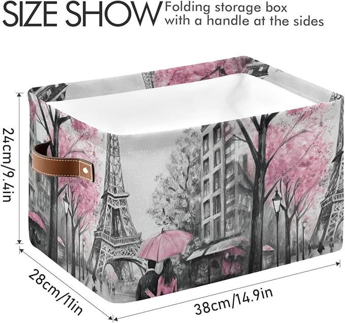 Storage Basket Pink Paris Tower Storage Bin Cube with Handles Foldable Storage Baskets for Shelves Living Room Home Decor 1PC