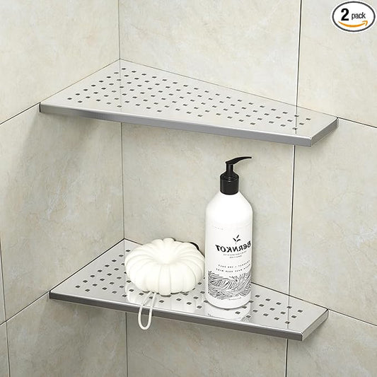 Corner Shower Shelf 12" Polished 304 Stainless Steel Recessed Trapezoid Grout in Shelves with Grid Design Bathroom Shelf Racks for Tiled Wall, 2 Pack