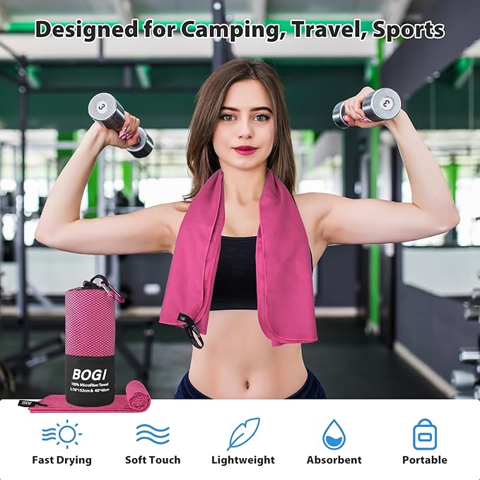 Microfiber Travel Sports Towel-Quick Dry Towel, Soft Lightweight Microfiber Camping Towel Absorbent Compact Travel Towel for Camping Gym Yoga Swimming Backpacking (L:60''x30''+16''x16''-Hpink)