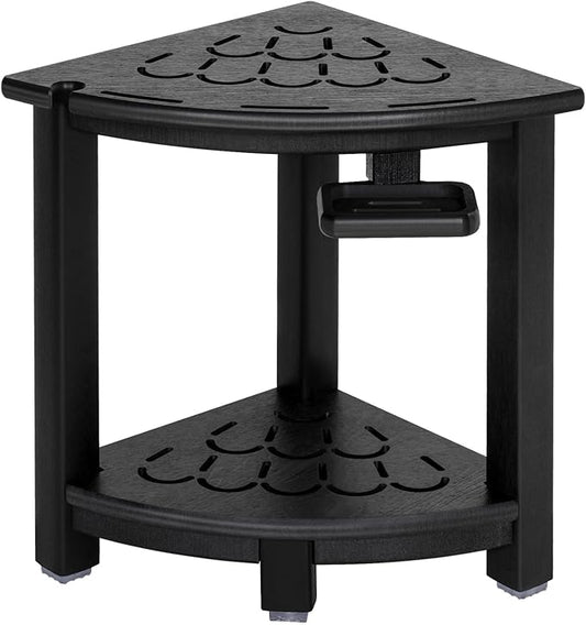 NALONE Corner Shower Stool, HDPE Shower Bench for Inside Shower, Small Shower Chair Seat for Shaving Legs with Storage Shelf, Soap Box and No-Slip Feet (Black)