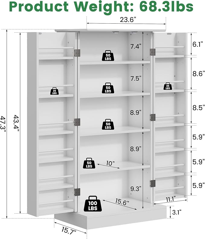 47" Tall Kitchen Pantry Cabinet, Snow-White Pantry Storage Cabinet with Adjustable Shelves, Barn Doors and Drawer Farmhouse Cupboard for Kitchen, Dining Room, Bathroom (16" D x 24" W x 47")