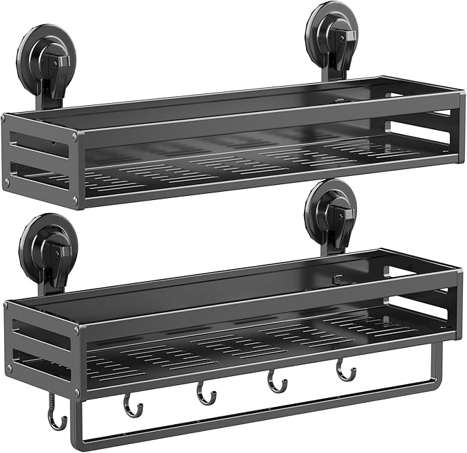 Shower Caddy Suction Cup, 15.8 inch 2 Pack Suction Shower Shelf with Hooks NO-Drilling Bathroom Holder, Rustproof Bathroom Organizer, Includes 2 Extra Suction Cups, Dark Grey