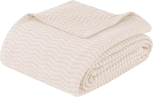 Superior JENA Cotton Blanket, for Picnic, Beach, Traveling or Camping, Bedroom Decor, Essentials, Cover for Bed, Couch, Lounging, Textured Jacquard, Modern Chevron Woven Blanket, Full/Queen, Ivory