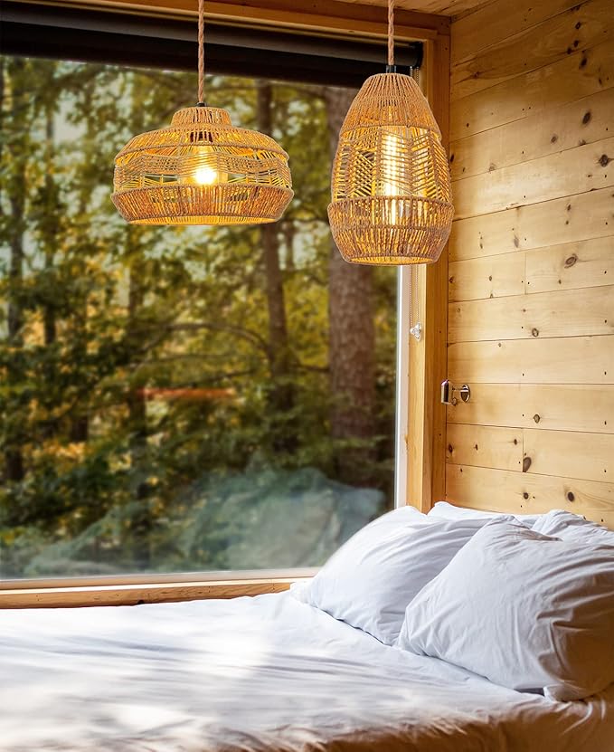 Plug in Pendant Light Rattan Hanging Lights with Plug in Cord 15FT Hemp Rope Cord, On/Off Switch Chandelier for Boho Living Room Bedroom Kitchen（Bulb Included） 11 x 7 inch