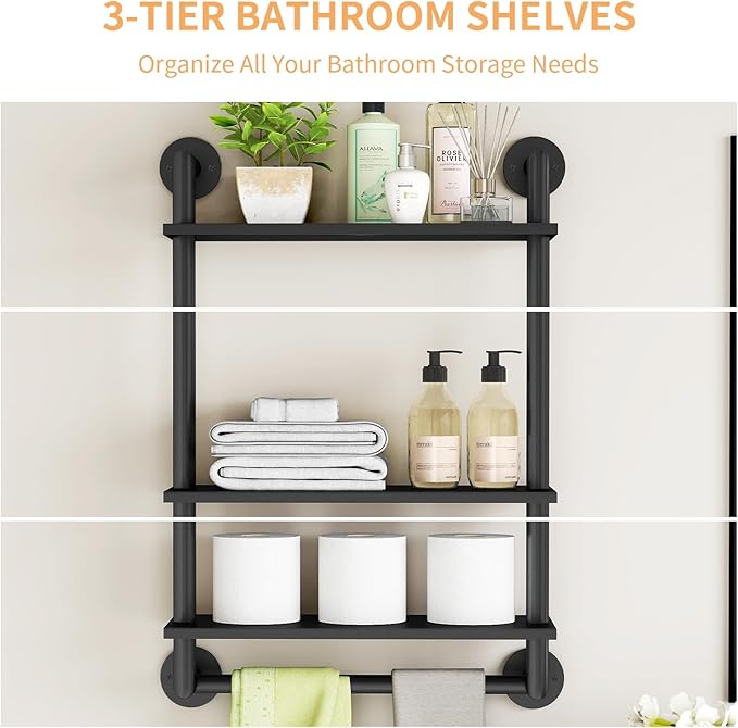 Bathroom Shelves Wall Mounted, 3 Tier Towel Racks with Towel Bar, 26in Stainless Steel Floating Pipe Shelves Over Toilet, Wall Shelves for Bathroom Laundry Room Kitchen Storage