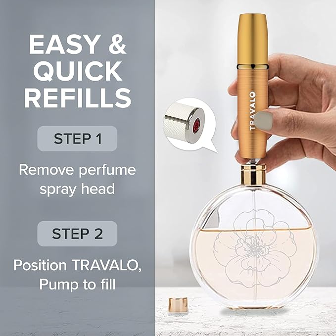 LUX Perfume Atomizer Bundle - Leak-Proof and TSA Approved for Air Travel - Reusable, Easy Fill Mini Pump Sprayer - Lightweight, Brushed Polished Metal - Gold, Black, Silver - 3 Pack
