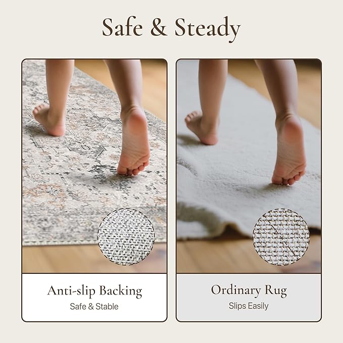 GENIMO 2x9 Runner Rugs for Hallway, Machine Washable Non Slip Vintage Rugs, Low Pile Soft Chenille Print Rug for enrtyway, Corridor, Home Office,Light Taupe Brown