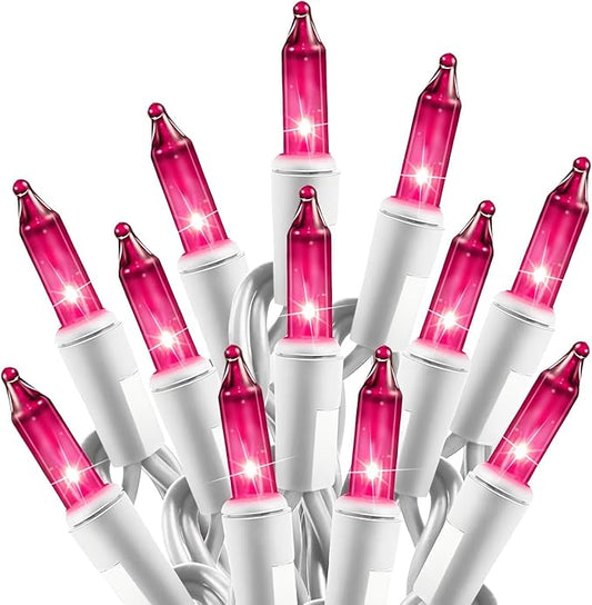 Christmas Pink Mini String Lights - 100 Count 25 Feet Detachable Incandescent Bulb Waterproof Fairy Lights Plug in for Indoor Outdoor Party Patio Xmas Tree Valentine's Day Decoration, White Wire