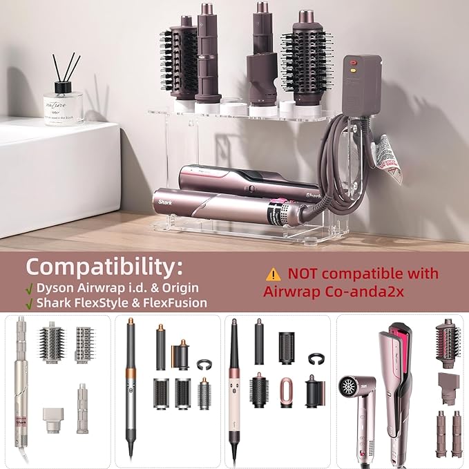 Dyson Airwrap Holder, Dyson Airwrap Wall Mount Clear Acrylic Organizer, Shark Hair Dryer Holder Stand with 8 Slots Cord Hook, Heat-Resistant Storage for Bathroom/Vanity UEMUSI