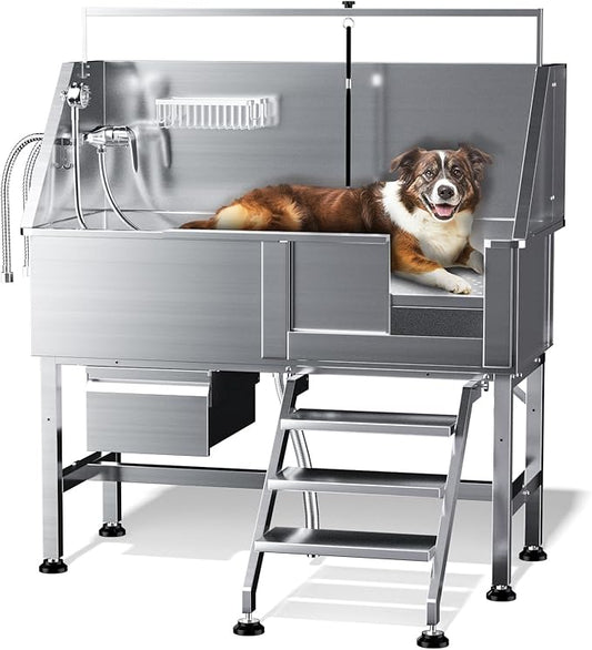 Dog Washing Station for Home,Professional 46" Stainless Steel Dog Bathing Station Height Adjustable Dog Wash Station Dog Grooming Tub Stair, Drawer, Floor Grate & Fauct (Right Stair)