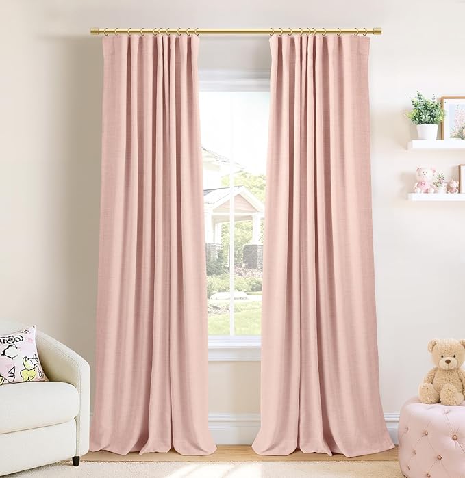 INOVADAY 100% Blackout Curtains for Bedroom, Black Out Curtains 102 Inch Long, Clip Rings Linen Blackout Drapes, Thermal Insulated Room Darkening for Living Room, 2 Panels - Blush Pink,W50xL102