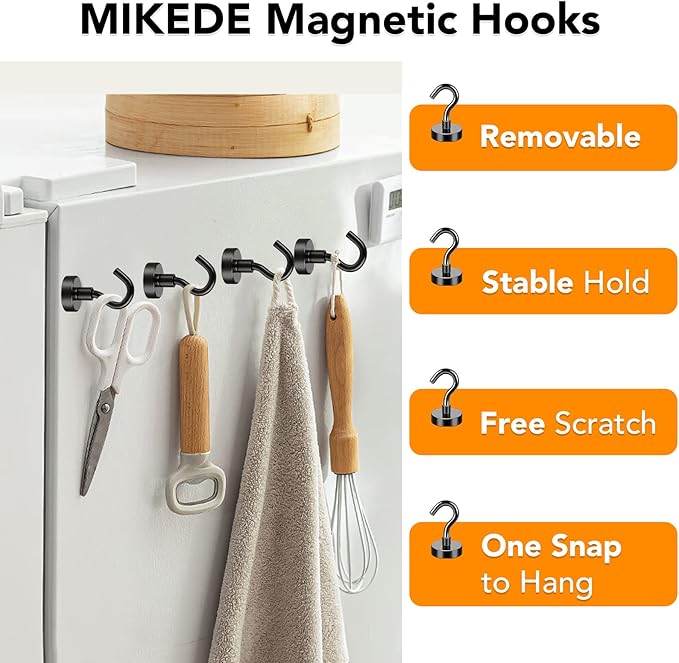 MIKEDE Black Magnetic Hooks Heavy Duty, 30 LBS Strong Magnets with Metal Hooks for Refrigerator, 6 Pack Super Cruise Hooks for Hanging, Magnetic Hanger for Kitchen, Workplace, Storage