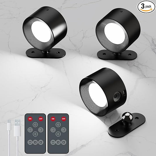 3Pack Battery Operated Wall Sconce, 3 Color Modes 3 Brightness Levels 360°Rotation Lighting Timer Touch & Remote Control, Wall Mounted Lamp LED Wall Lights for Bedroom Reading Bedside (Black)